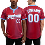 Custom Red Light Blue Pinstripe White Two-Button Unisex Softball Jersey worn front and back