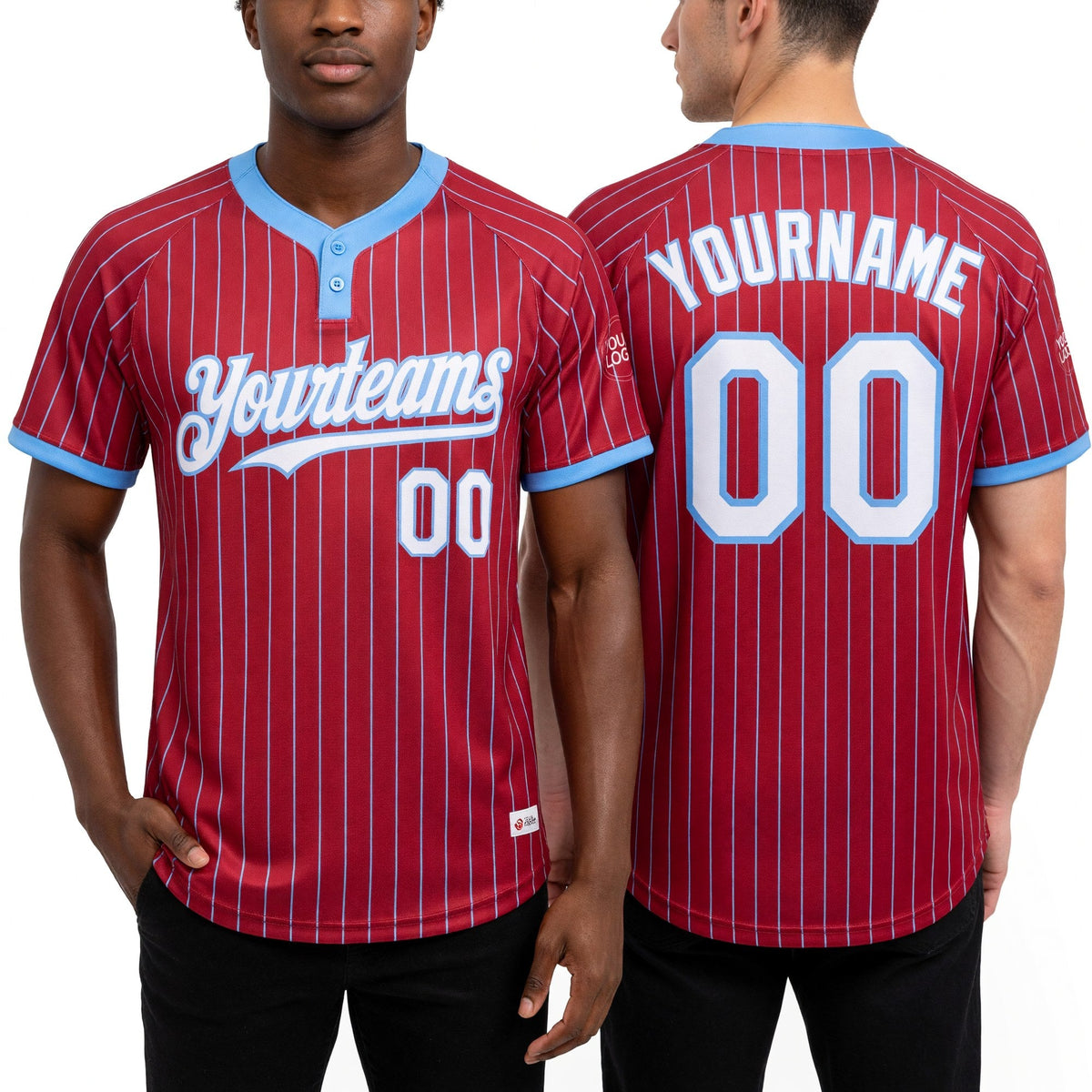Custom Red Light Blue Pinstripe White Two-Button Unisex Softball Jersey worn front and back