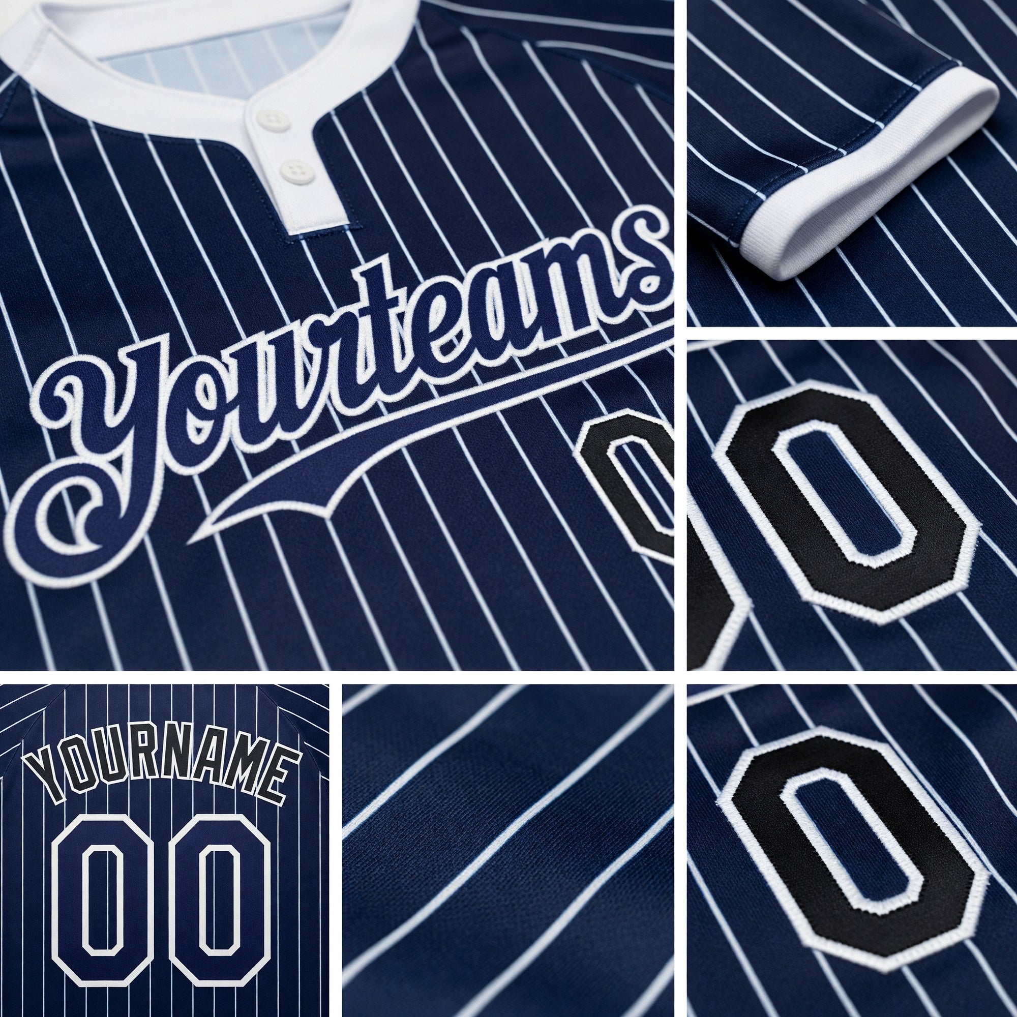 Custom Navy White Pinstripe White Two-Button Unisex Softball Jersey detail