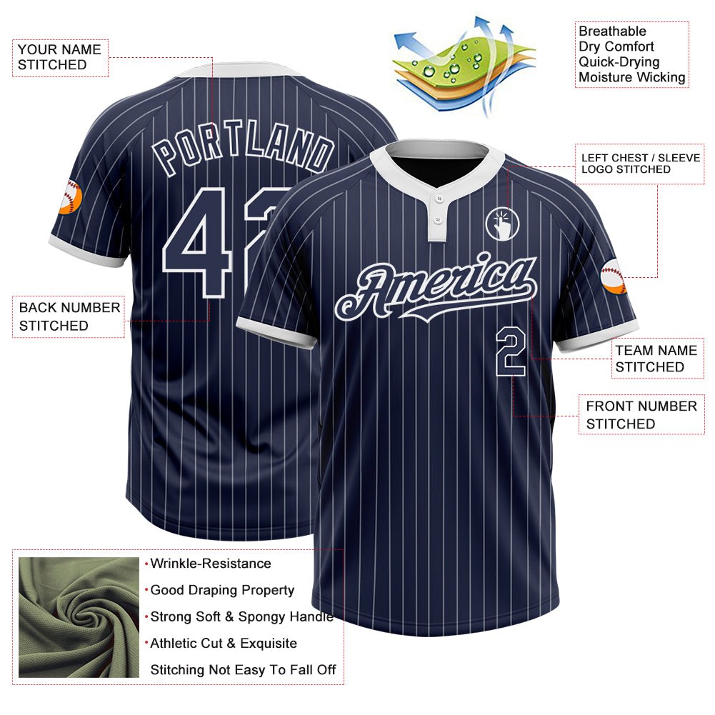 Custom Navy White Pinstripe White Two-Button Unisex Softball Jersey photo 3