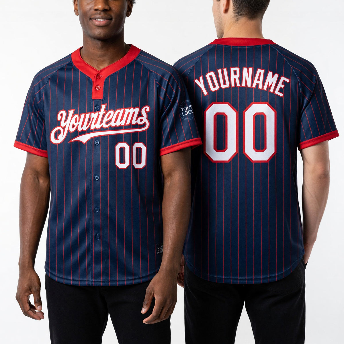 Custom Navy Red Pinstripe White Two-Button Unisex Softball Jersey worn front and back