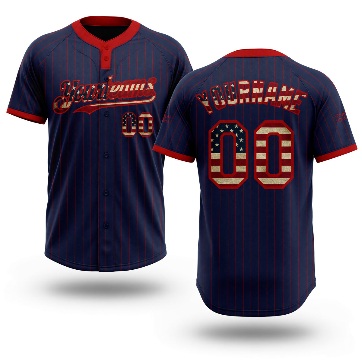Custom Navy Red Pinstripe Vintage USA Flag Two-Button Unisex Softball Jersey
