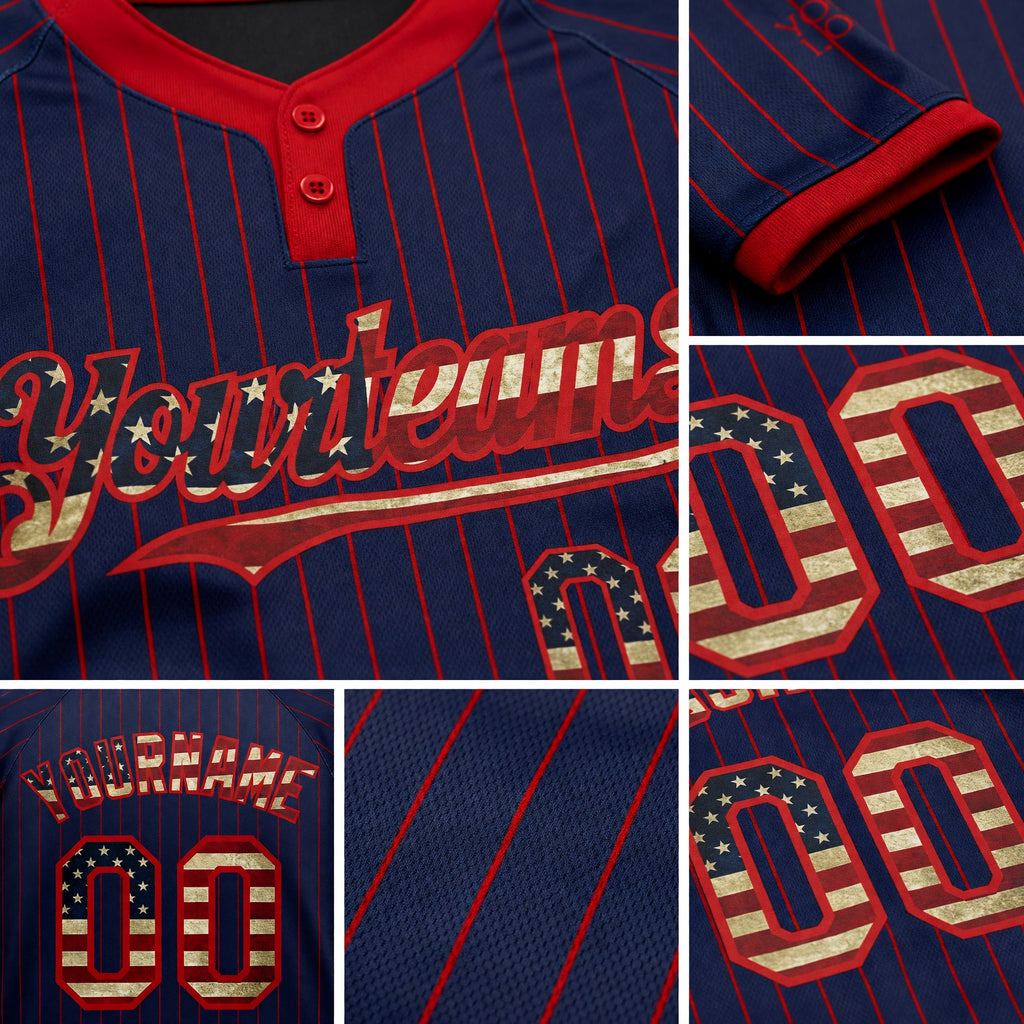 Custom Navy Red Pinstripe Vintage USA Flag Two-Button Unisex Softball Jersey detail