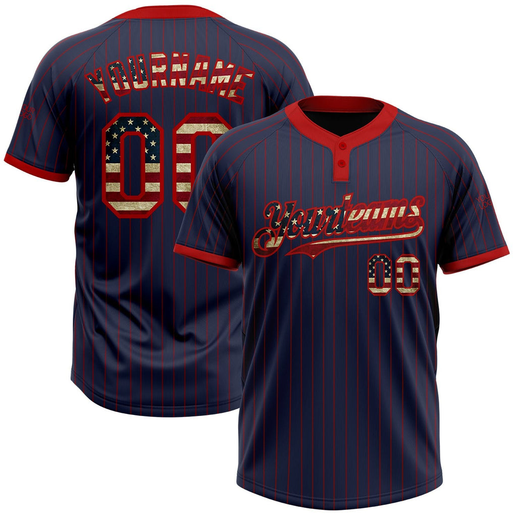 Custom Navy Red Pinstripe Vintage USA Flag Two-Button Unisex Softball Jersey photo 1