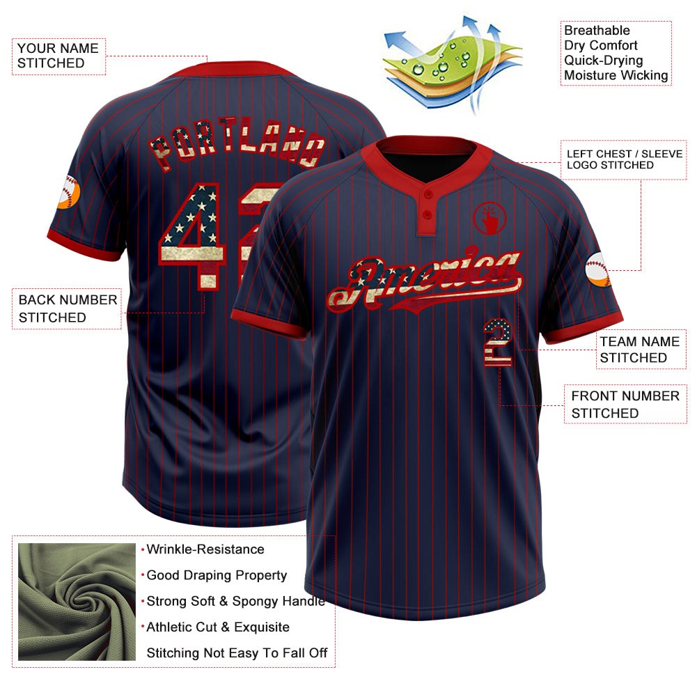 Custom Navy Red Pinstripe Vintage USA Flag Two-Button Unisex Softball Jersey photo 3
