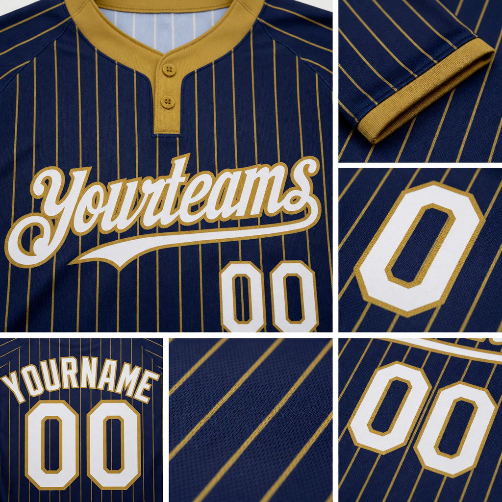 Custom Navy Old Gold Pinstripe White Two-Button Unisex Softball Jersey detail