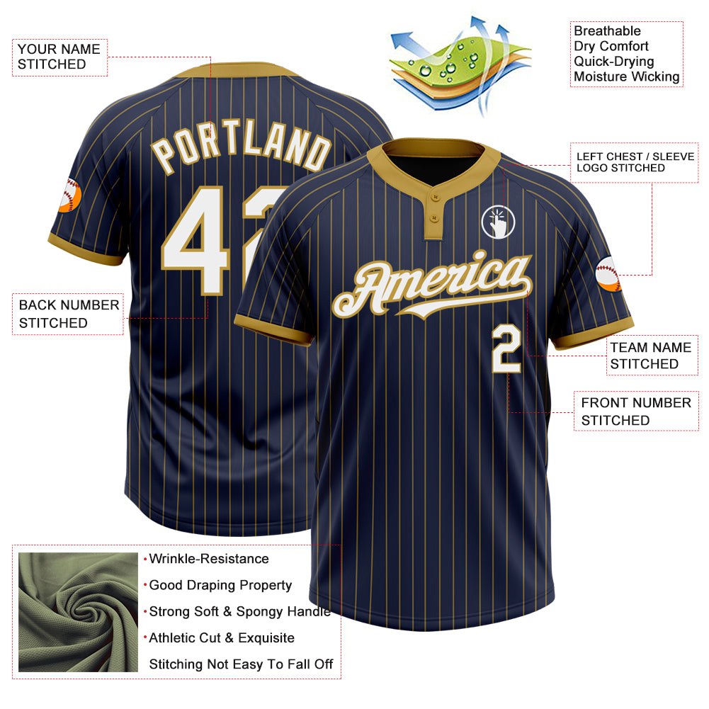 Custom Navy Old Gold Pinstripe White Two-Button Unisex Softball Jersey photo 3