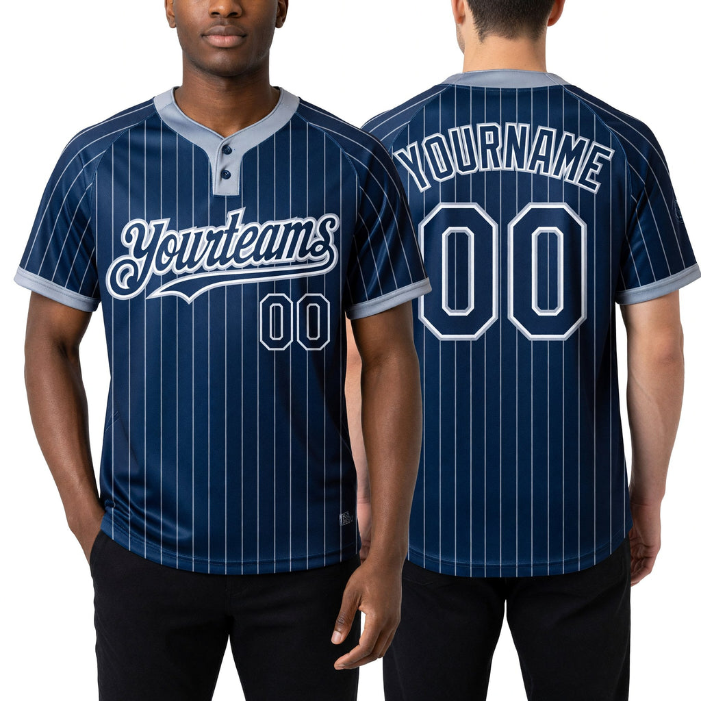Custom Navy Gray Pinstripe White Two-Button Unisex Softball Jersey worn front and back