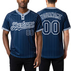 Custom Navy Gray Pinstripe White Two-Button Unisex Softball Jersey worn front and back