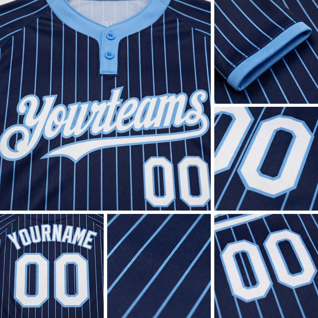 Custom Navy Light Blue Pinstripe White Two-Button Unisex Softball Jersey detail