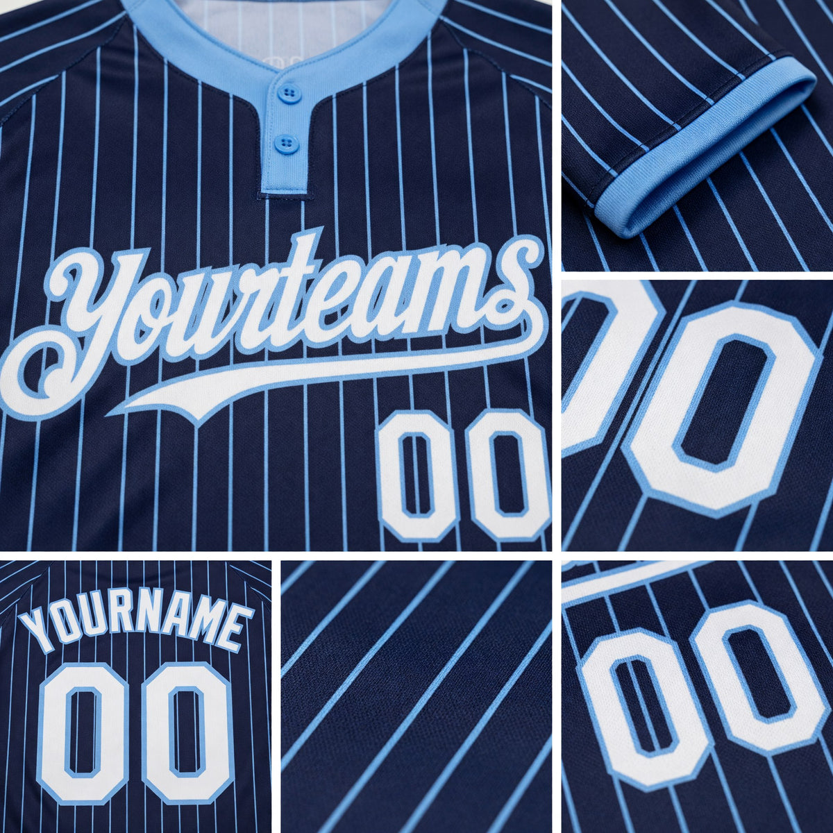 Custom Navy Light Blue Pinstripe White Two-Button Unisex Softball Jersey detail