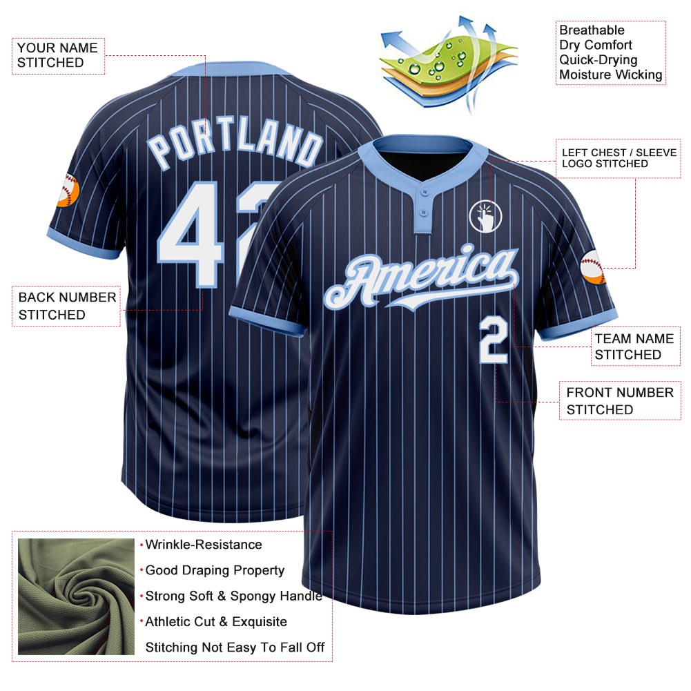 Custom Navy Light Blue Pinstripe White Two-Button Unisex Softball Jersey photo 3