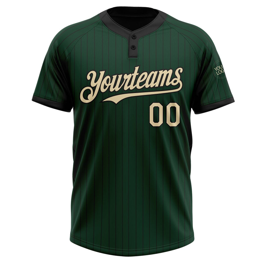 Custom Green Black Pinstripe Cream Two-Button Unisex Softball Jersey photo 2