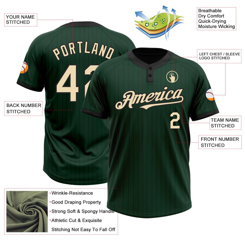 Custom Green Black Pinstripe Cream Two-Button Unisex Softball Jersey photo 3