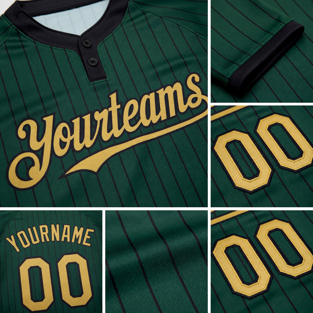 Custom Green Black Pinstripe Old Gold Two-Button Unisex Softball Jersey detail