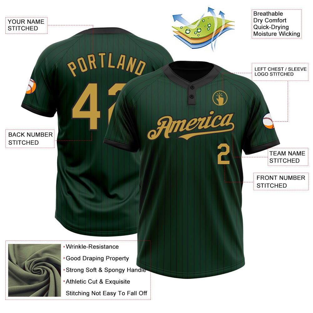 Custom Green Black Pinstripe Old Gold Two-Button Unisex Softball Jersey photo 3