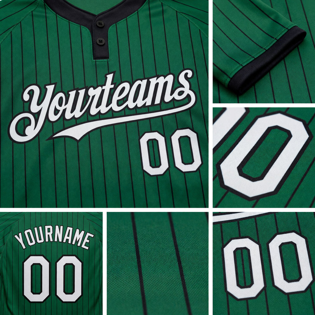 Custom Kelly Green Black Pinstripe White Two-Button Unisex Softball Jersey detail
