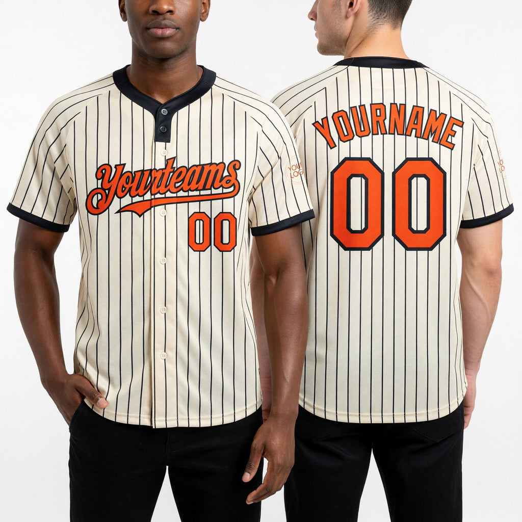 Custom Cream Black Pinstripe Orange Two-Button Unisex Softball Jersey worn front and back