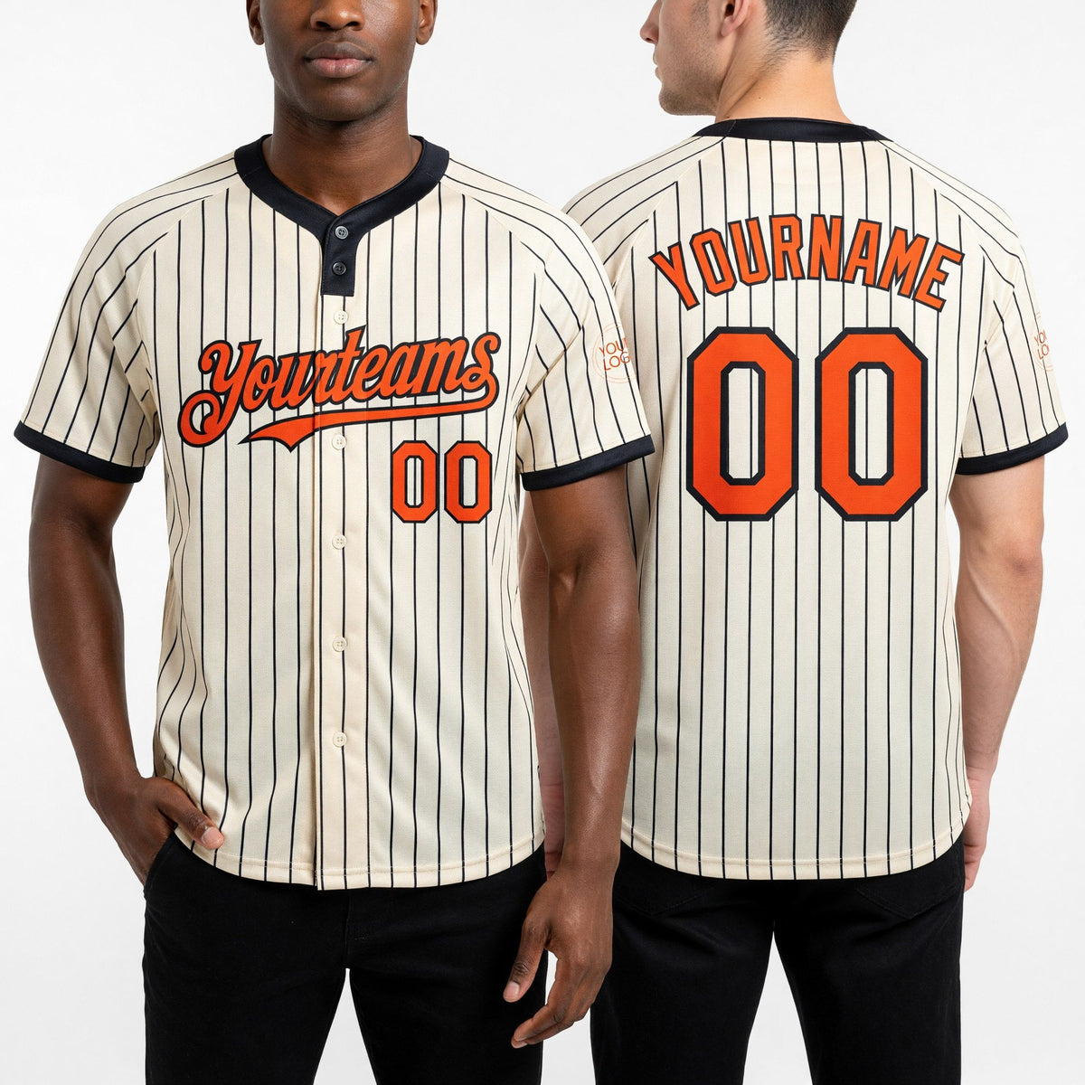 Custom Cream Black Pinstripe Orange Two-Button Unisex Softball Jersey worn front and back