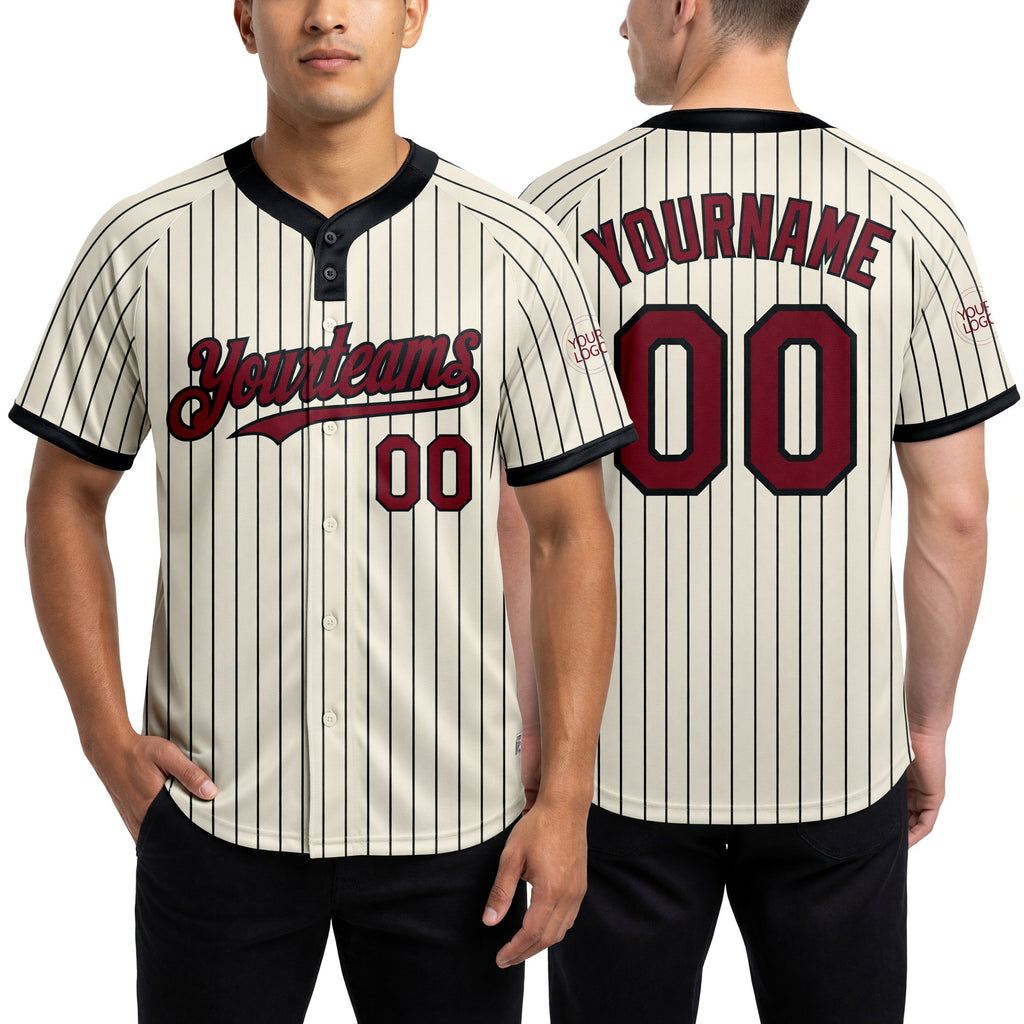 Custom Cream Black Pinstripe Crimson Two-Button Unisex Softball Jersey worn front and back
