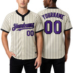 Custom Cream Black Pinstripe Purple Two-Button Unisex Softball Jersey worn front and back