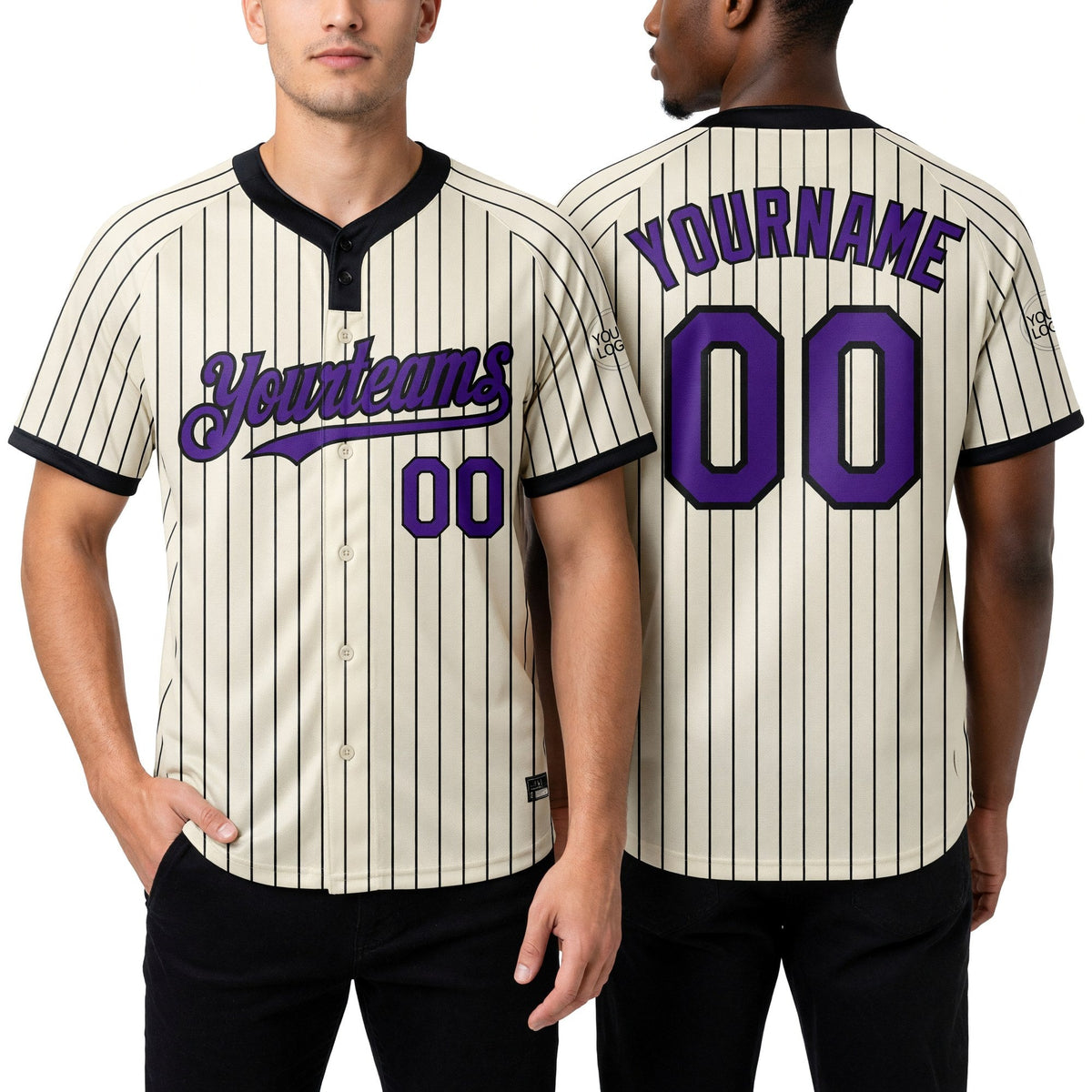 Custom Cream Black Pinstripe Purple Two-Button Unisex Softball Jersey worn front and back
