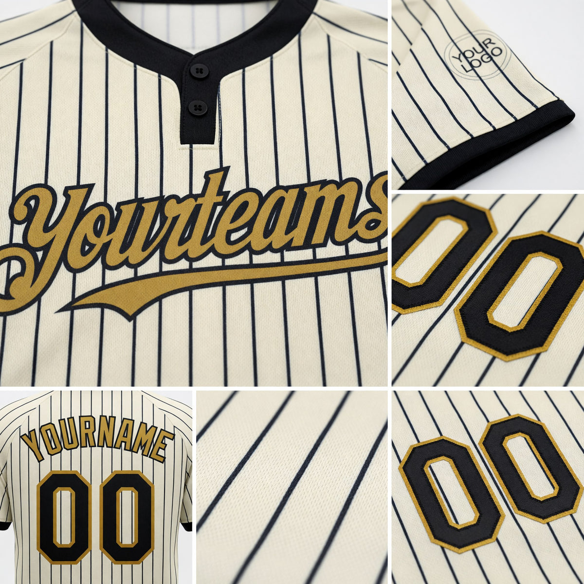 Custom Cream Black Pinstripe Old Gold Two-Button Unisex Softball Jersey detail