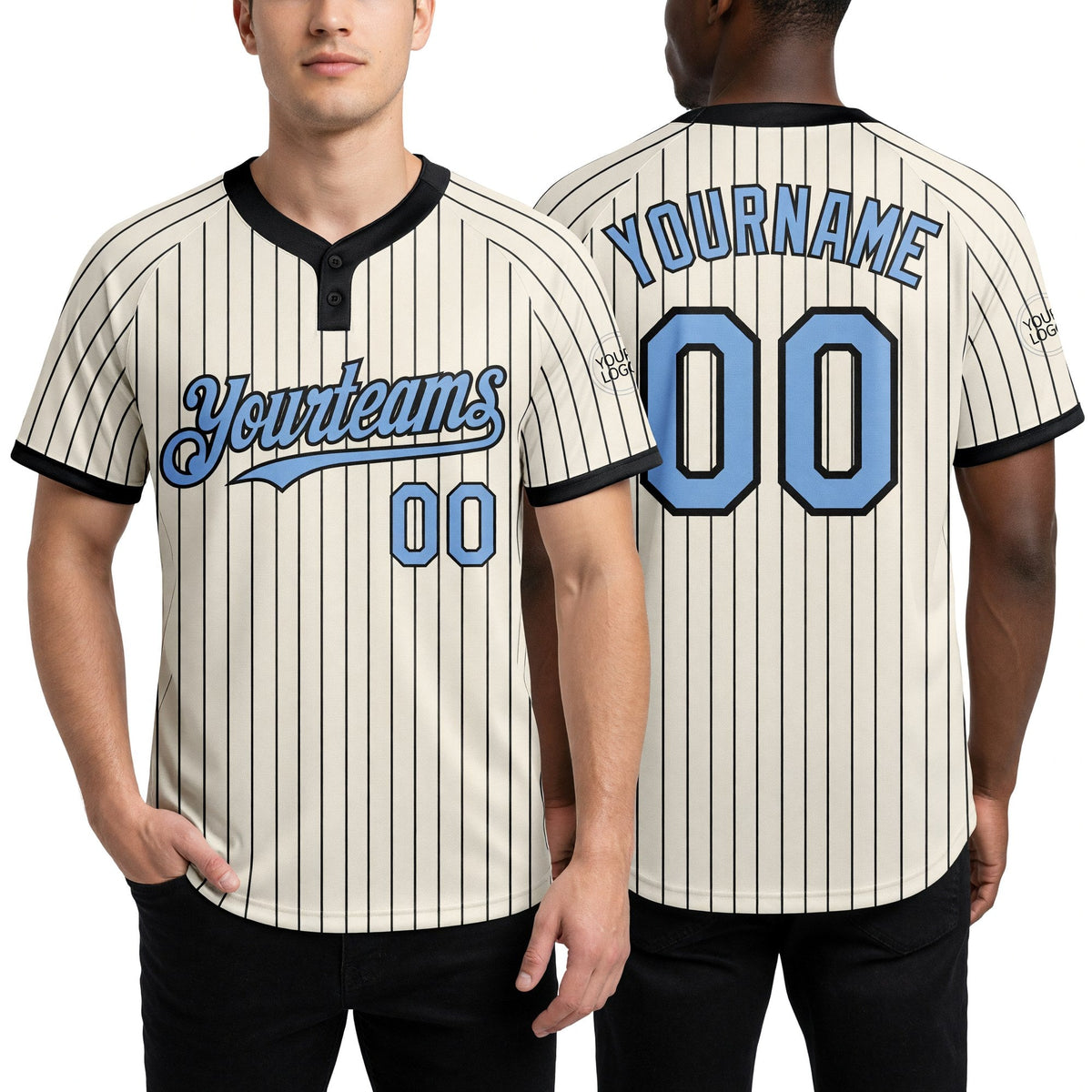 Custom Cream Black Pinstripe Light Blue Two-Button Unisex Softball Jersey worn front and back