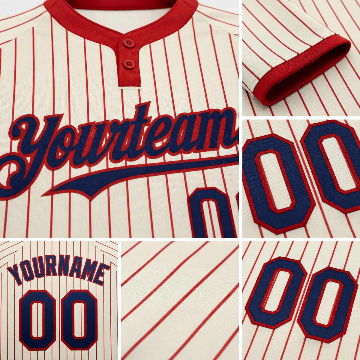 Custom Cream Red Pinstripe Navy Two-Button Unisex Softball Jersey detail