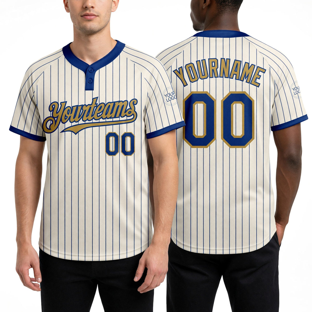 Custom Cream Royal Pinstripe Old Gold Two-Button Unisex Softball Jersey worn front and back