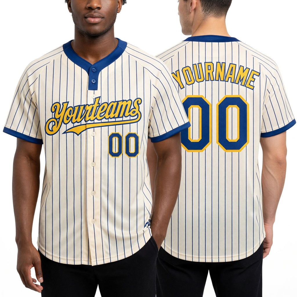 Custom Cream Royal Pinstripe Yellow Two-Button Unisex Softball Jersey worn front and back
