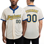 Custom Cream Royal Pinstripe Yellow Two-Button Unisex Softball Jersey worn front and back