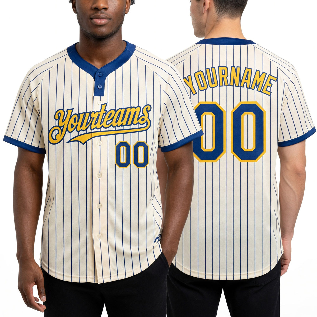 Custom Cream Royal Pinstripe Yellow Two-Button Unisex Softball Jersey worn front and back