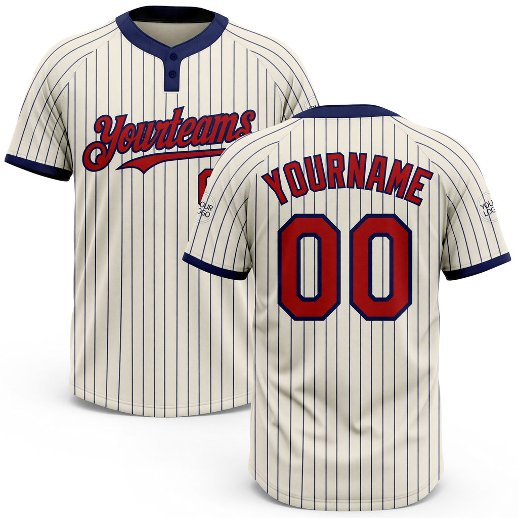 Custom Cream Navy Pinstripe Red Two-Button Unisex Softball Jersey