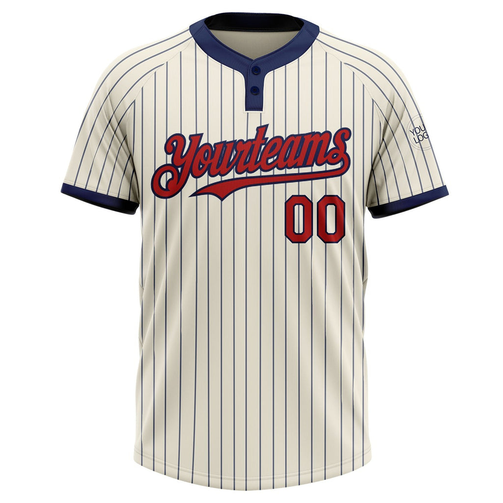 Custom Cream Navy Pinstripe Red Two-Button Unisex Softball Jersey photo 1