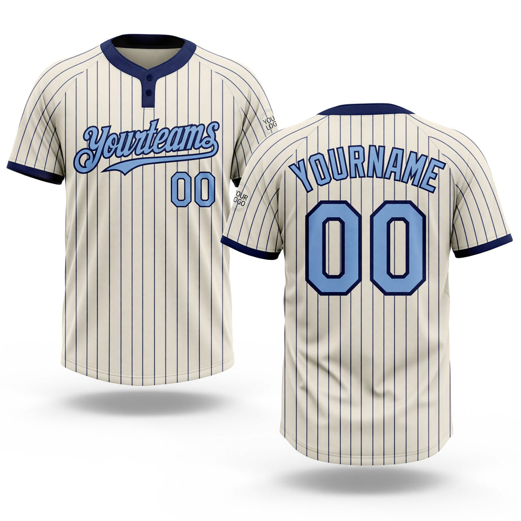 Custom Cream Navy Pinstripe Light Blue Two-Button Unisex Softball Jersey