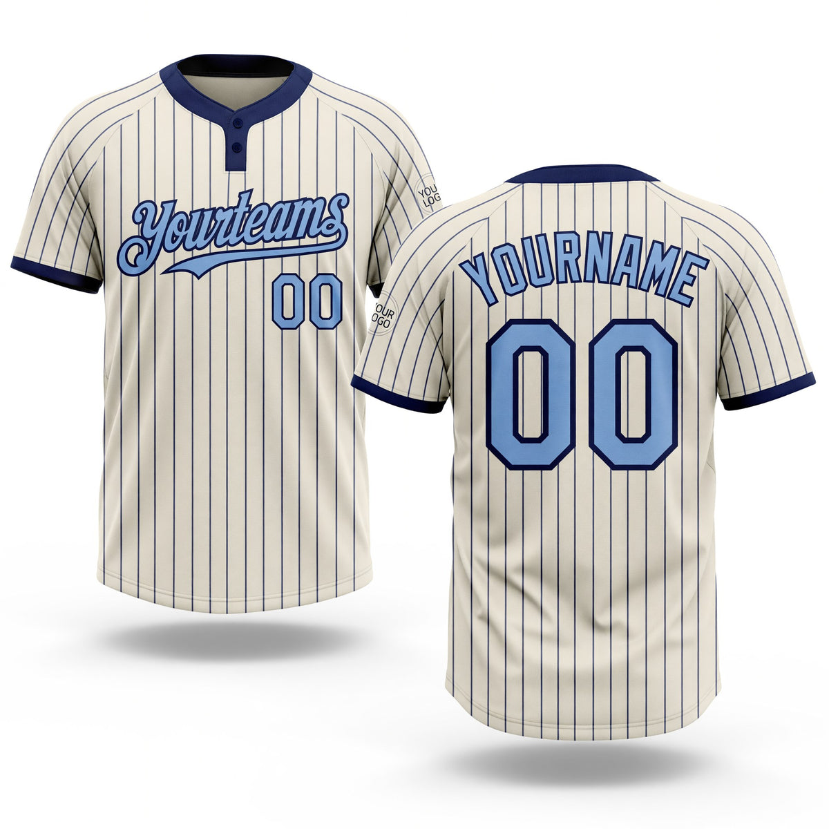 Custom Cream Navy Pinstripe Light Blue Two-Button Unisex Softball Jersey