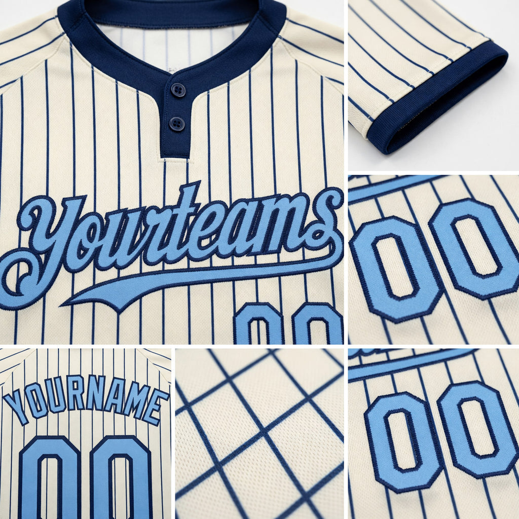 Custom Cream Navy Pinstripe Light Blue Two-Button Unisex Softball Jersey detail
