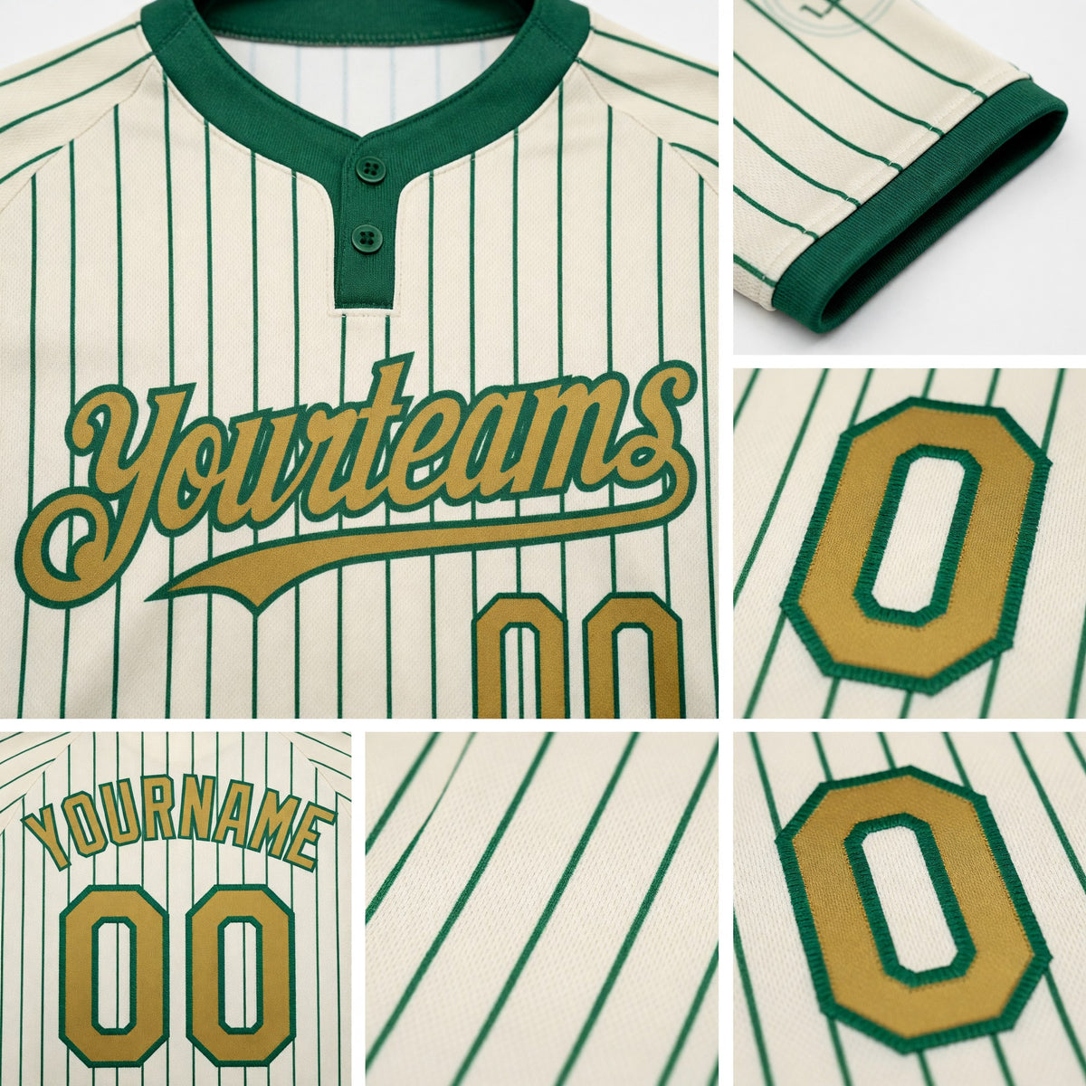Custom Cream Kelly Green Pinstripe Old Gold Two-Button Unisex Softball Jersey detail