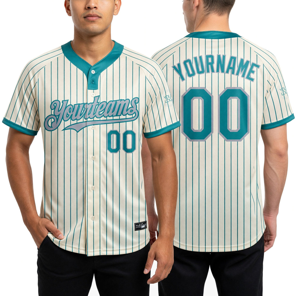 Custom Cream Teal Pinstripe Gray Two-Button Unisex Softball Jersey worn front and back