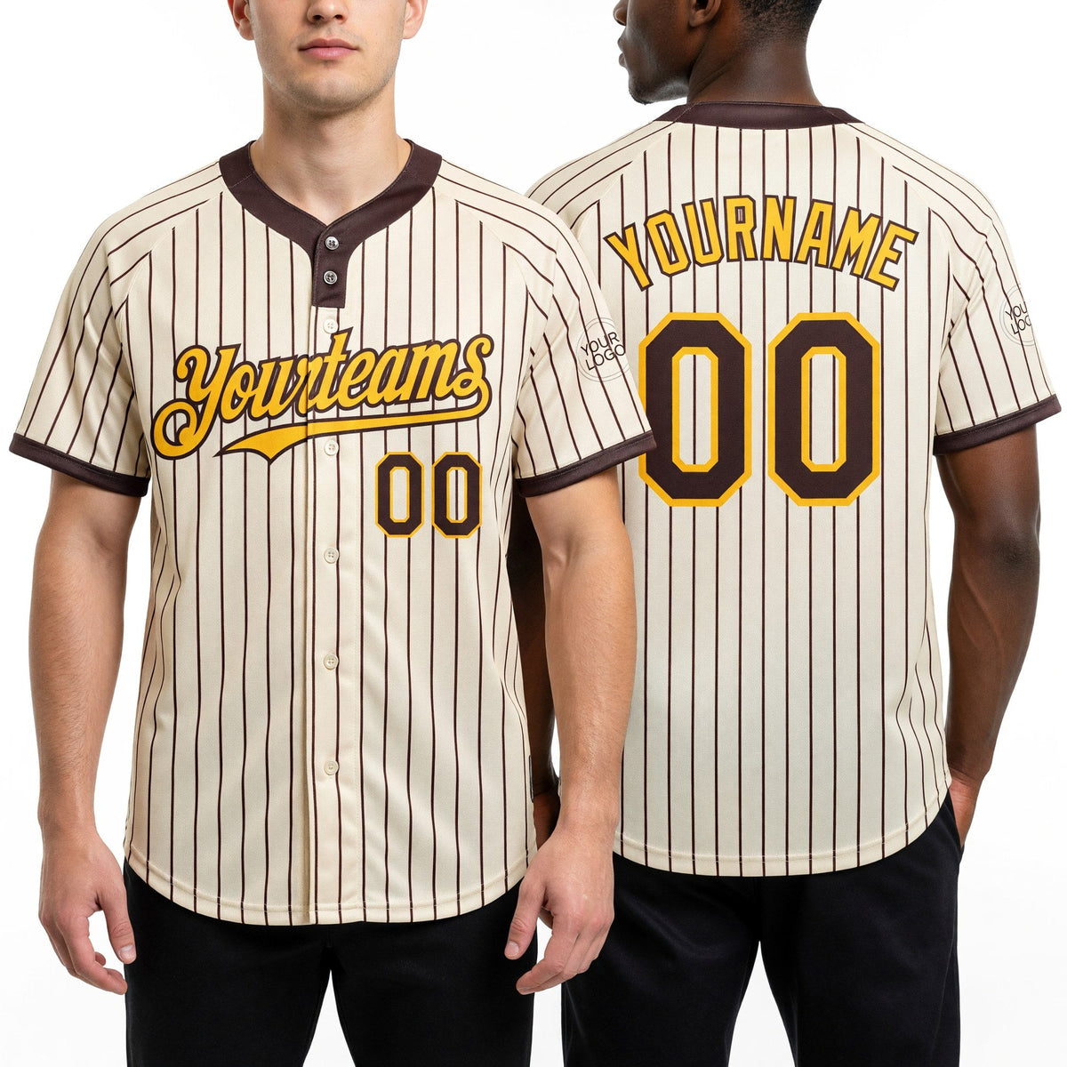 Custom Cream Brown Pinstripe Gold Two-Button Unisex Softball Jersey worn front and back
