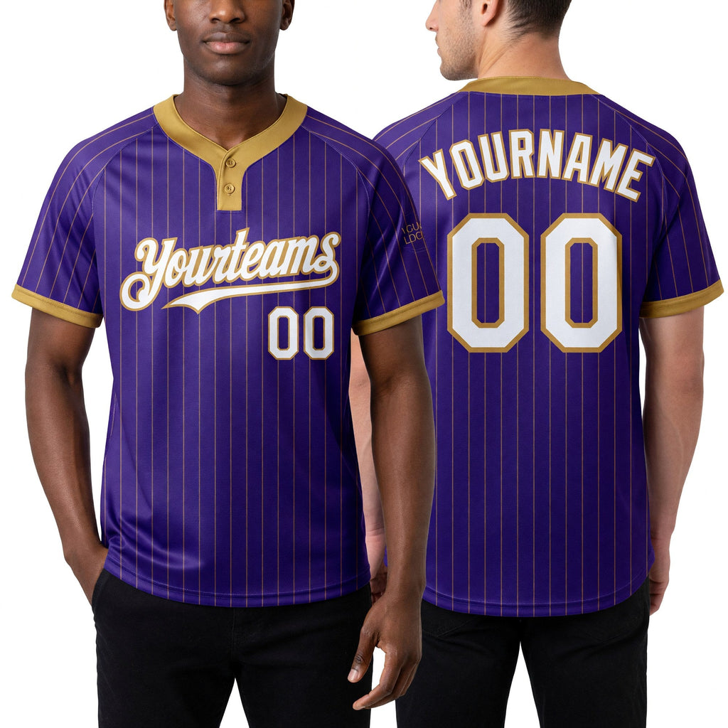 Custom Purple Old Gold Pinstripe White Two-Button Unisex Softball Jersey worn front and back