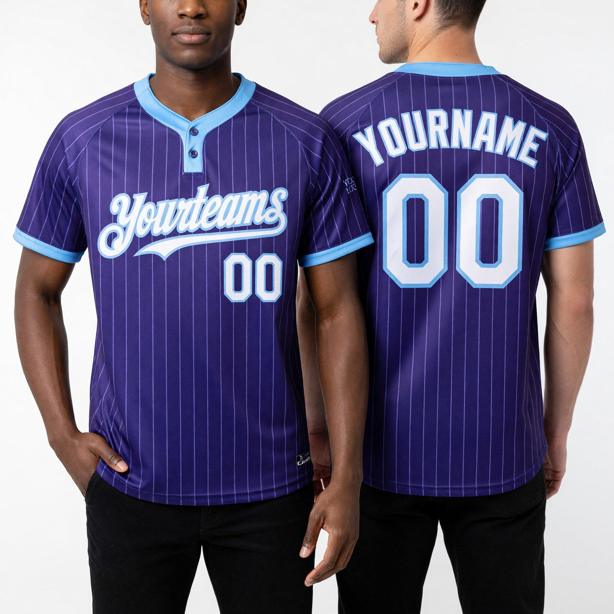 Custom Purple Light Blue Pinstripe White Two-Button Unisex Softball Jersey worn front and back