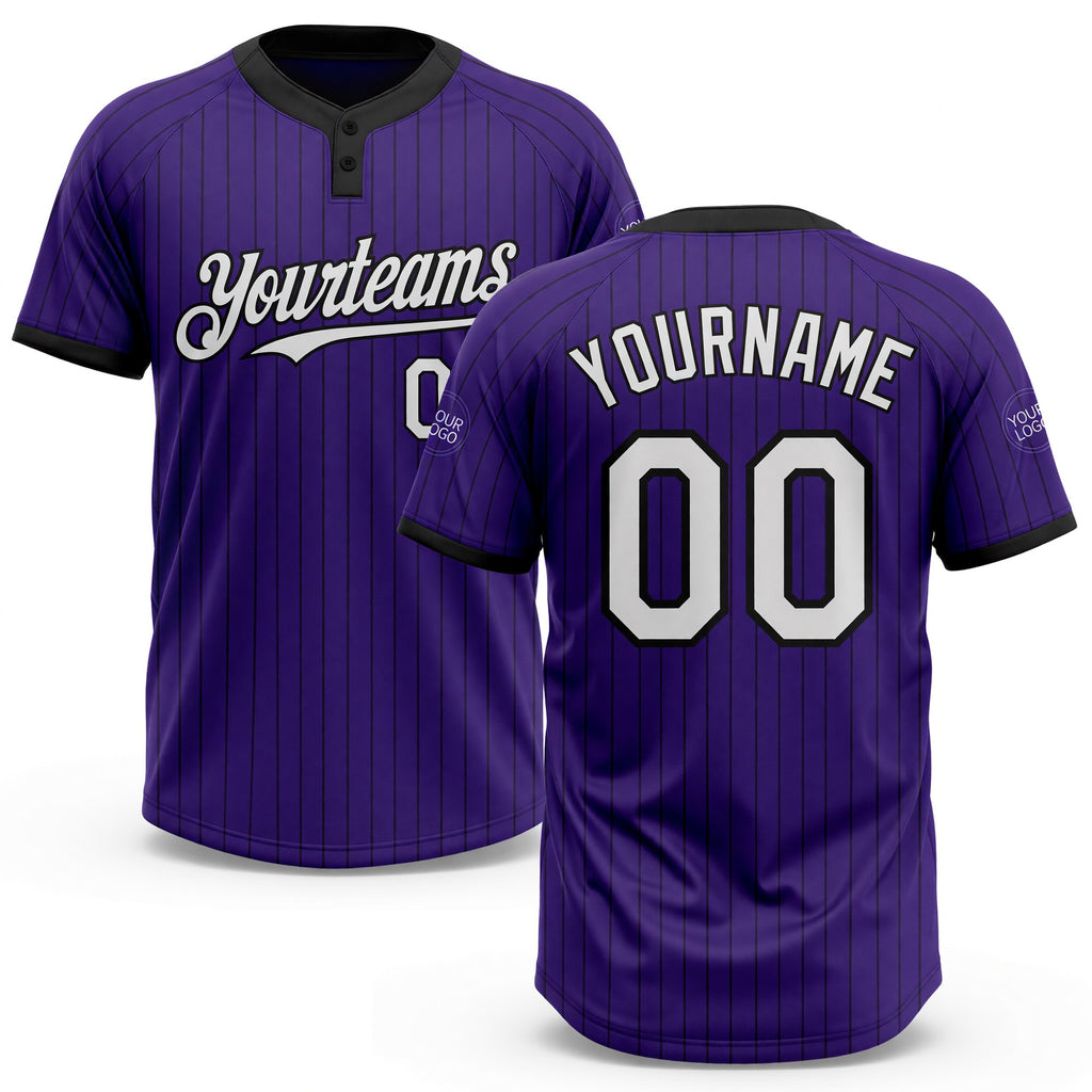 Custom Purple Black Pinstripe White Two-Button Unisex Softball Jersey