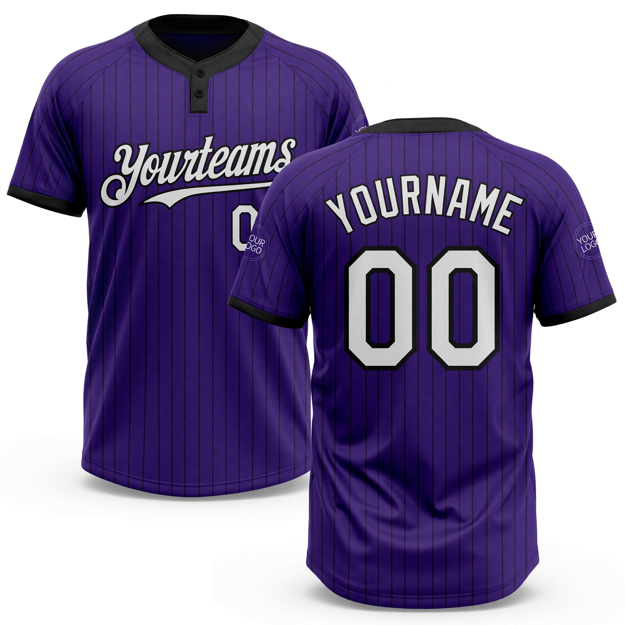Custom Purple Black Pinstripe White Two-Button Unisex Softball Jersey
