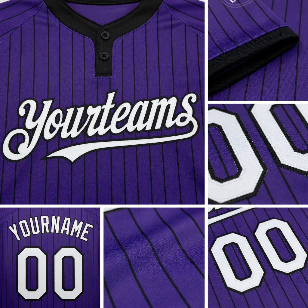 Custom Purple Black Pinstripe White Two-Button Unisex Softball Jersey detail