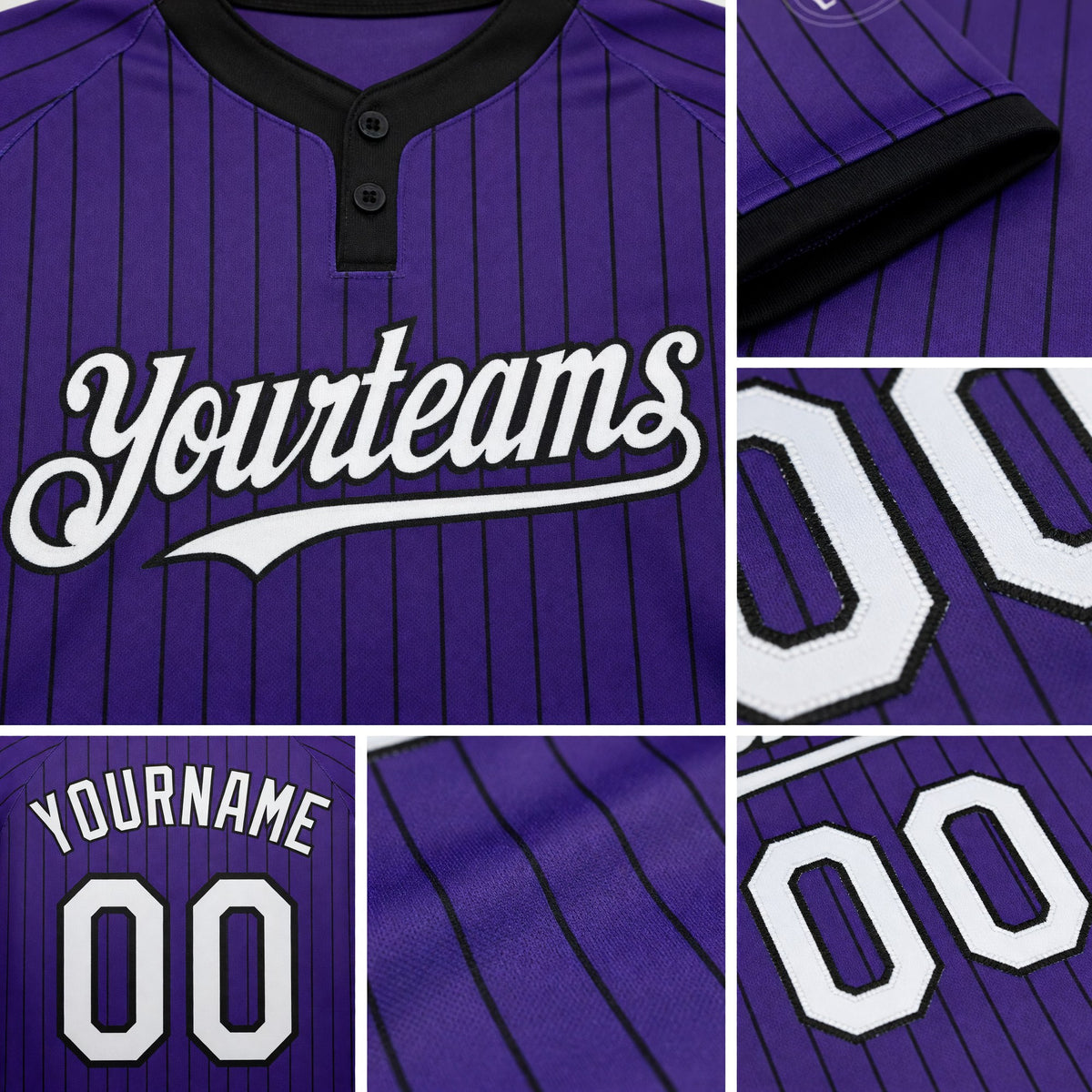 Custom Purple Black Pinstripe White Two-Button Unisex Softball Jersey detail