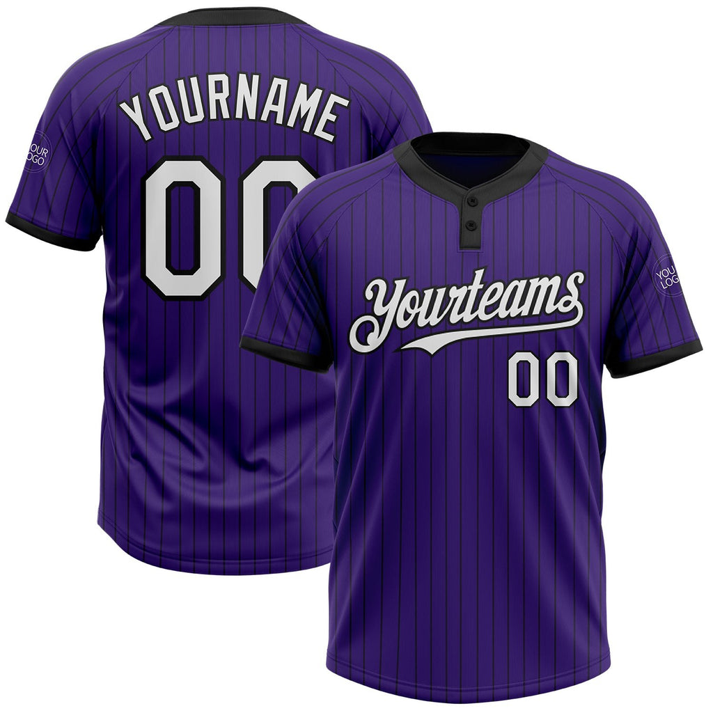 Custom Purple Black Pinstripe White Two-Button Unisex Softball Jersey photo 1