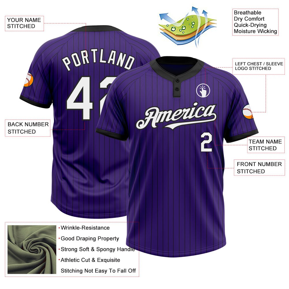 Custom Purple Black Pinstripe White Two-Button Unisex Softball Jersey photo 3