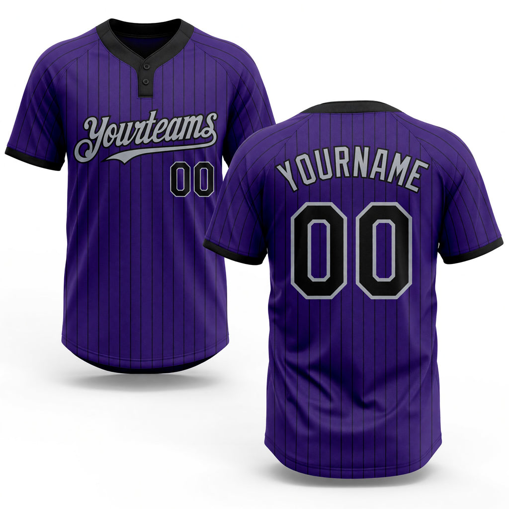 Custom Purple Black Pinstripe Gray Two-Button Unisex Softball Jersey